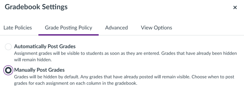 screenshot showing Manually Post Grades setting selected