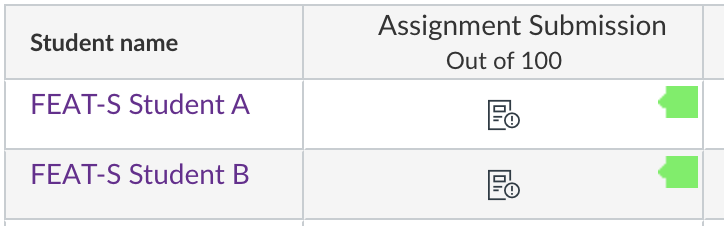 Screenshot of gradebook showing the colour green indicating the similarity report score for each student