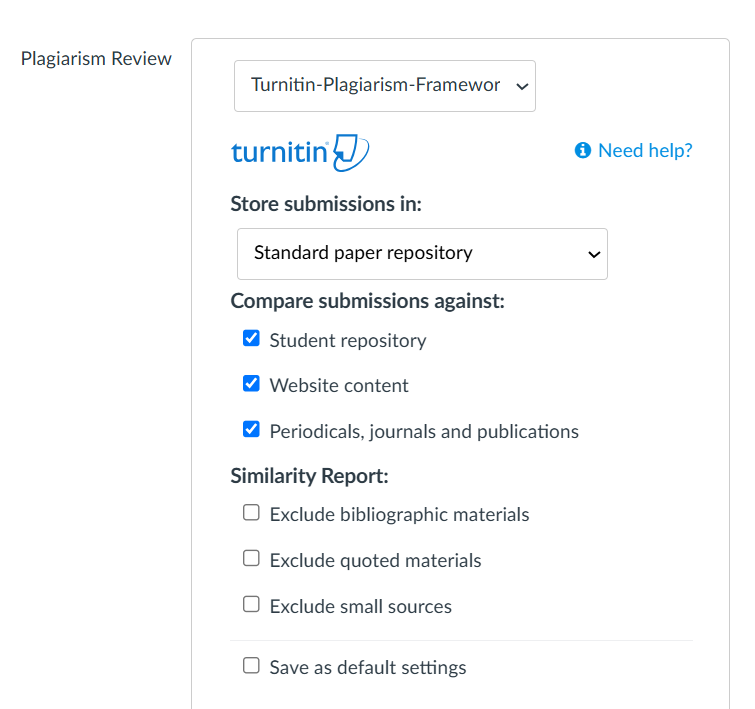 screenshot of the plagiarism framework settings