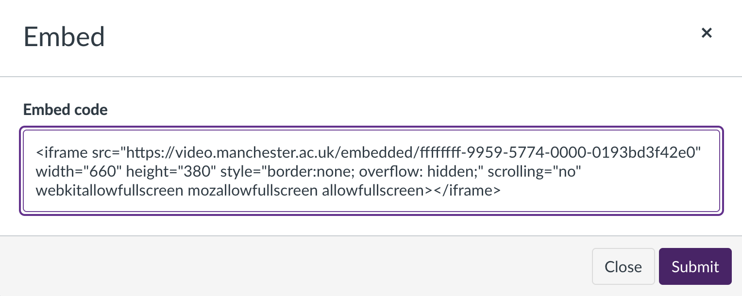 Screenshot showing the Canvas embed feature