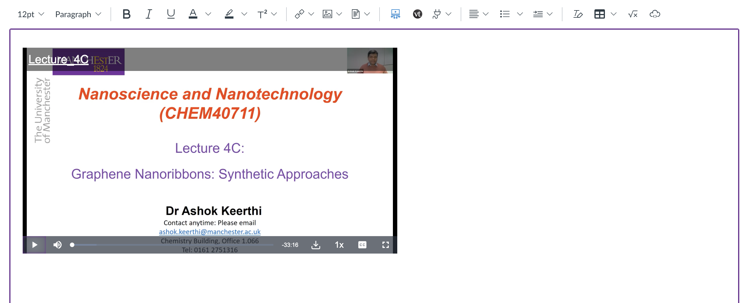Screenshot showing University of Manchester video portal content embedded in the Canvas rich content editor