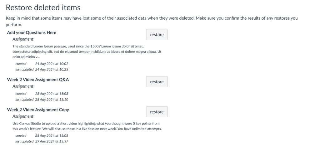A list of deleted items within a Canvas course