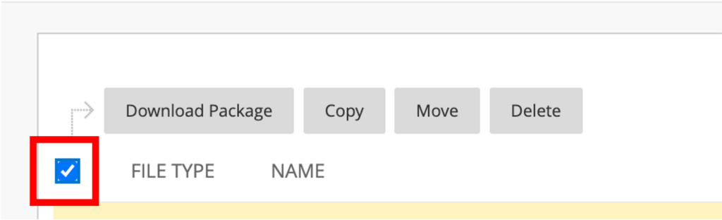Screenshot of the Blackboard course files area, with the select all highlighted by a red box
