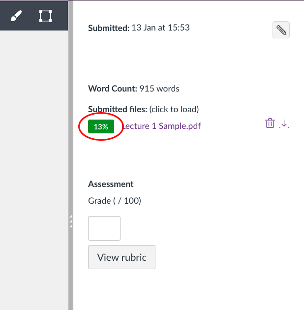 Screenshot within the SpeedGrader showing the Similarity Report score