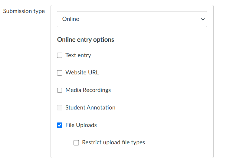 screenshot of the submission type settings