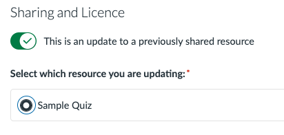 A screenshot from Canvas Commons asking if this is an update to a previously shared resource. The user is then prompted to select the resource that they are updating