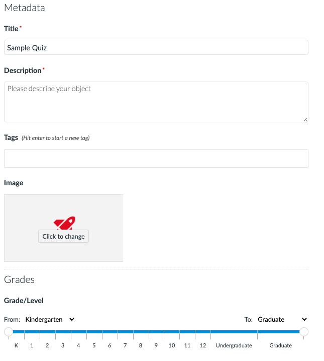 A screenshot of the Share Resource page within Canvas Commons, with options to edit the content title, description, tags, image and grade/level
