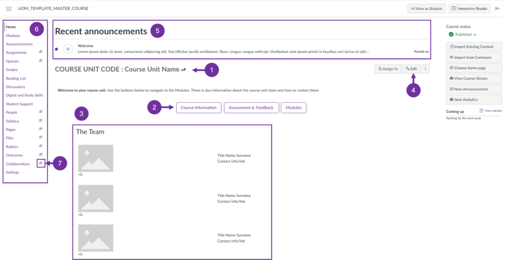 A screenshot of the Canvas template standard homepage. Various features are highlighted with arrows and boxes.