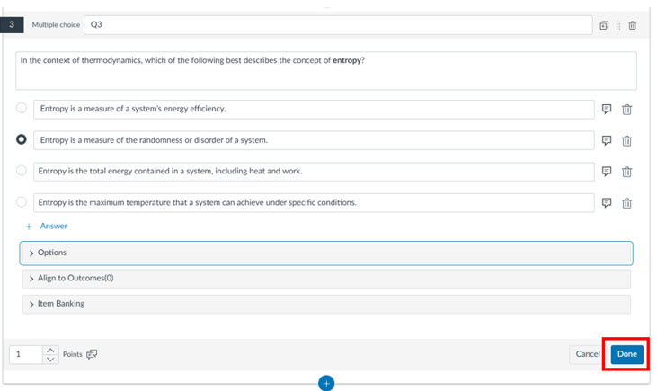 Screenshot of a newly built quiz, with Done, highlighted.
