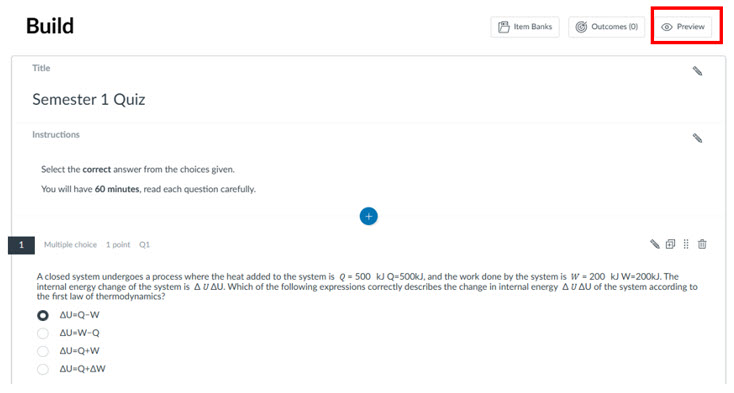 Screenshot showing preview highlighted on a newly built quiz.