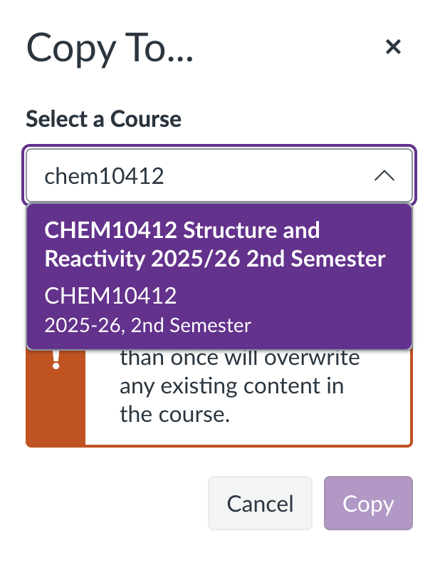 Screenshot of the Canvas Copy To functoin