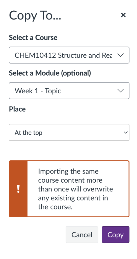 Screenshot of the Copy To function, showing the ability to select a specific module to copy top