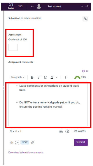 Screenshot showing the SpeedGrader, where to manually add/avoid adding he grade too and location of the comments section. 