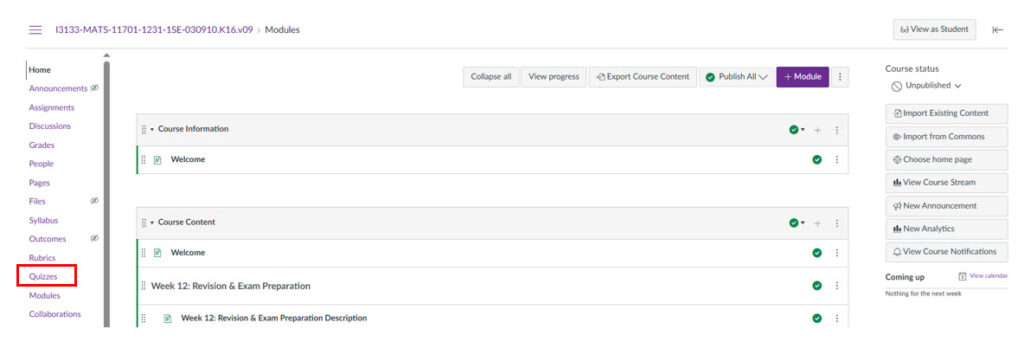 Screen shot showing Homepage in Canvas with Quizzes highlighted.