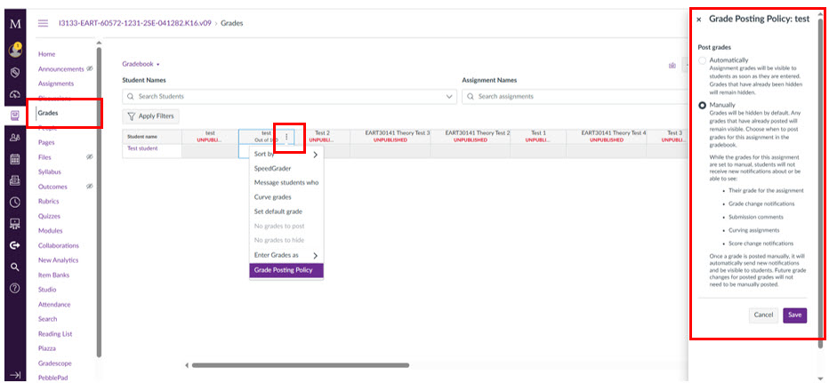 Screenshot of Canvas highlighting 'Grades', where to find the Grade posting Policy and information on the grade posting policy. 