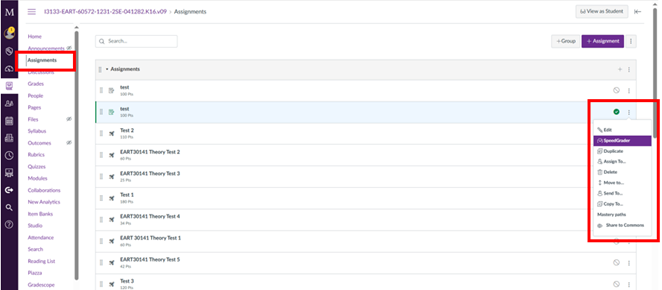 Screenshot of Canvas highlighting assignments an how to access the SpeedGrader. 