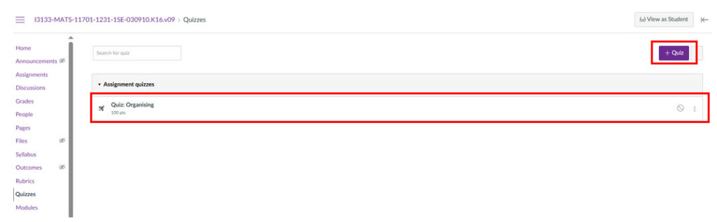 Screenshot of a migrated canvas space showing a migrated quiz in the course highlighted.