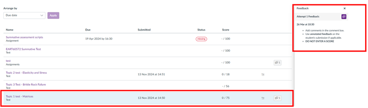 Gradebook showing the feedback but not the score being released to the student. 