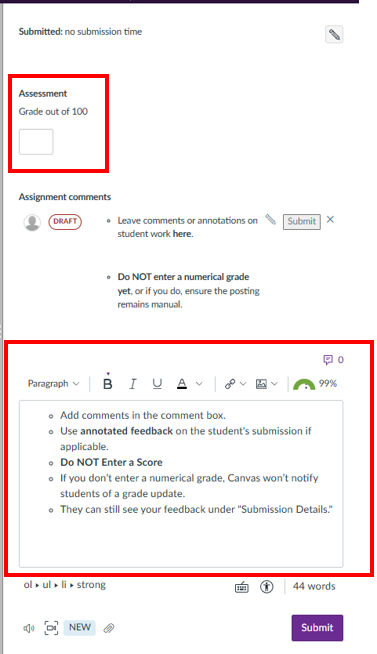 Screenshot showing the SpeedGrader, where to manually add/avoid adding he grade too and location of the comments section. 