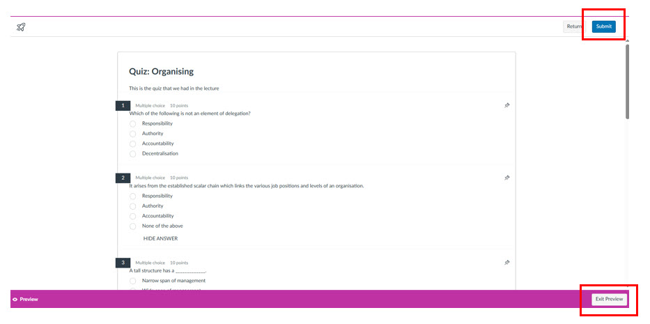 Screenshot of a migrated canvas space showing both submit and exit preview highlighted.