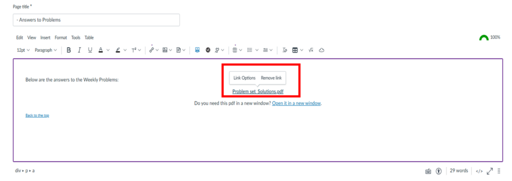 Screen shot showing 'link options' in edit.