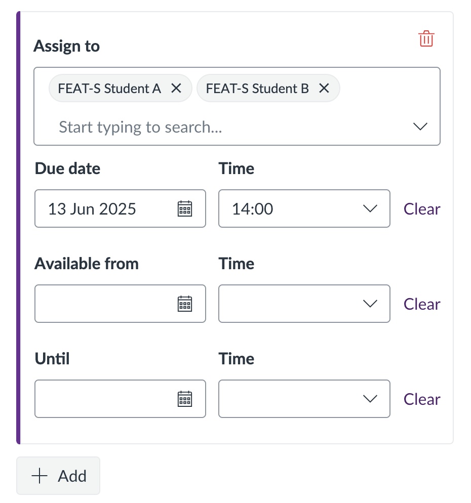 Screenshot of the assign to area in Canvas. The assignment here has been assigned to students A and B on 13th June