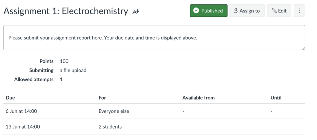 Screenshot of the assignment area in Canvas, displaying the assign to variations that have been configured
