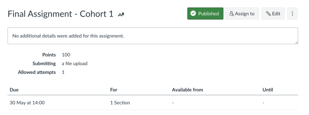 Screenshot of a Canvas assignment, showing that it has been assigned to 1 section with a due date of 30th May