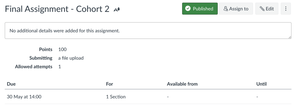 Screenshot of a second Canvas assignment, showing that it has been assigned to 1 section with a due date of 30th May