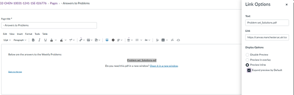 Screenshot of Canvas showing the link options panel, selecting preview inline and expand preview by default.