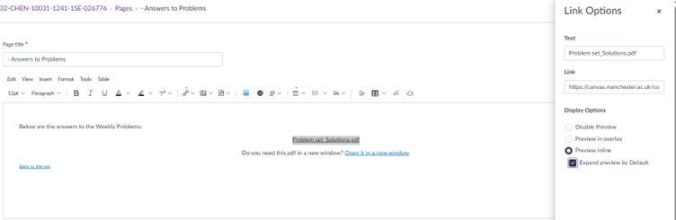 Screenshot showing the link options.