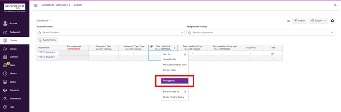 Screenshot showing how to post grades from the drop down menu in canvas.