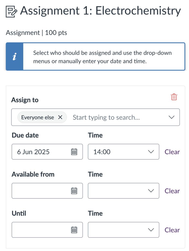 Screenshot of the assign to area in Canvas. The assignment here has been assigned to 'everyone else' on 6th June