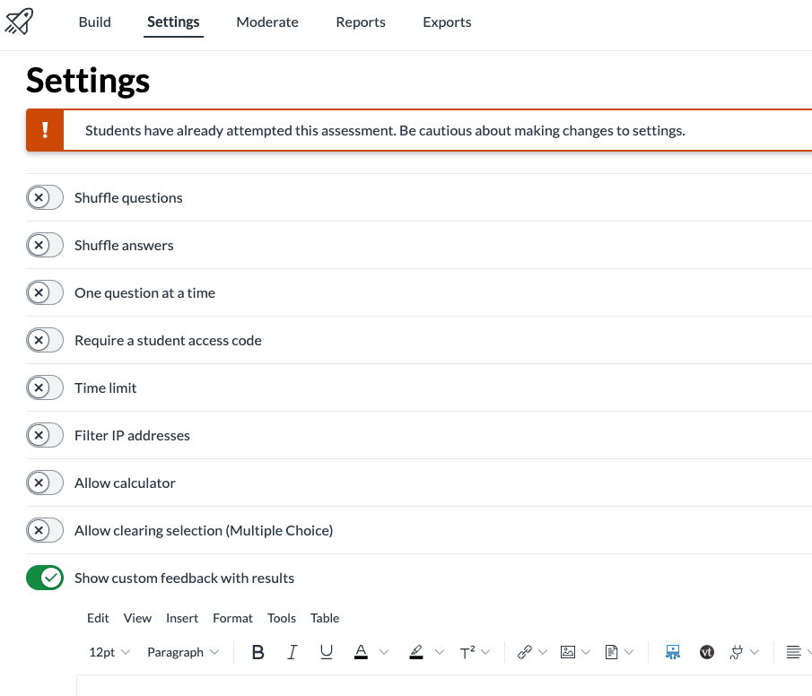 The image shows the settings tab in a Canvas Quiz. The 'show custom feedback with results' option is enabled.