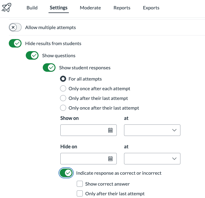 The image shows the settings tab in a Canvas Quiz. The 'indicate response as correct or incorrect' option is enabled.