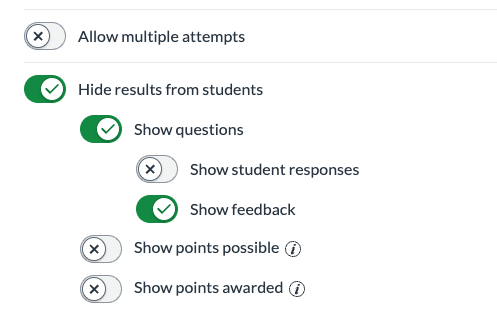 The image shows the settings area in a Canvas Quiz. The 'show feedback' option is enabled.