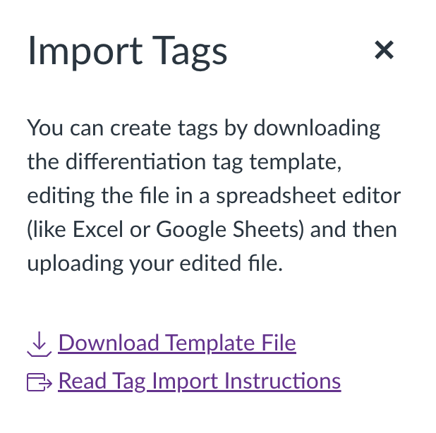 Import tags instructions, including the download template file link