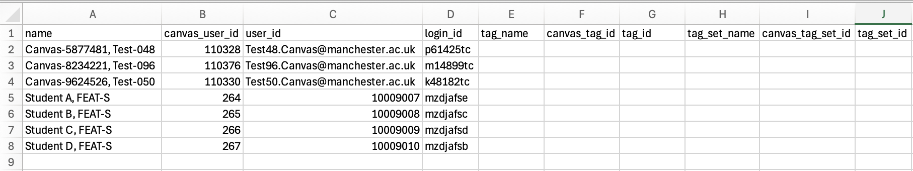 .csv file, listing students and their associated details. No differentiation tags have been assigned