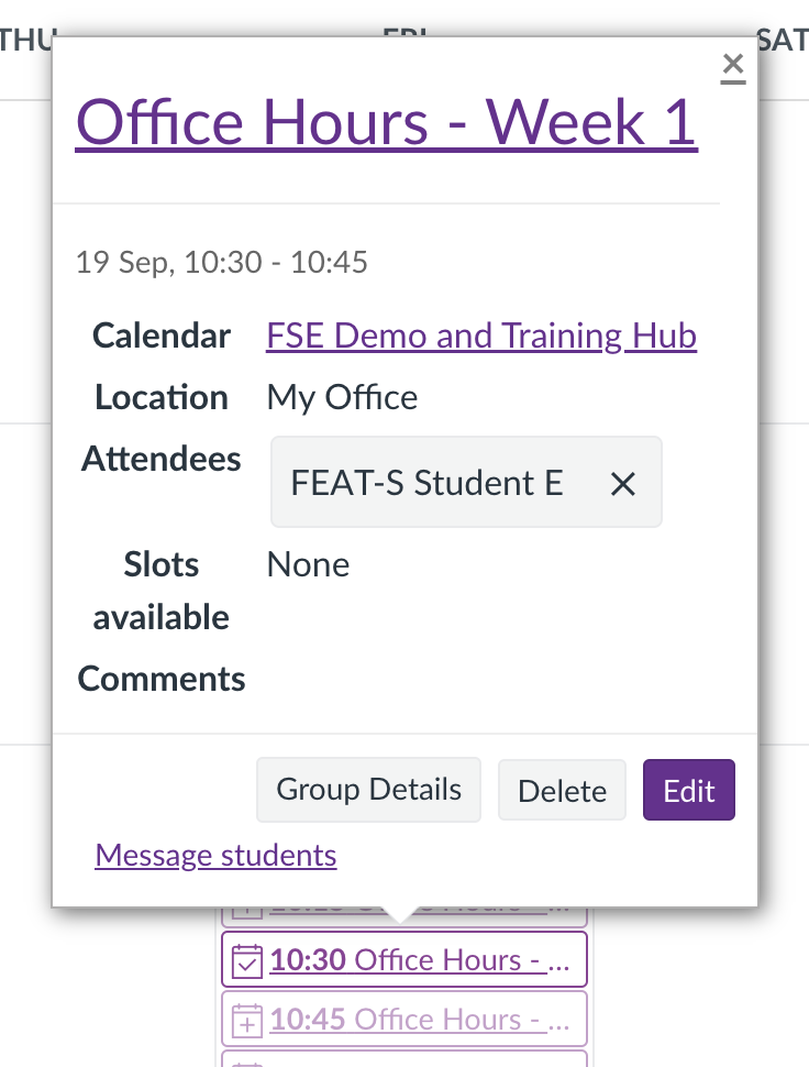 Appointment window, showing the selected appointment group slot, attendees and associated options