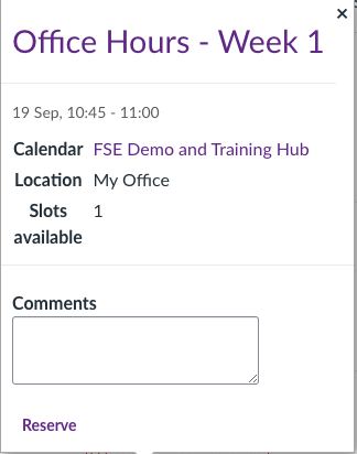 Screenshot showing the reserve appointment option as shown to students