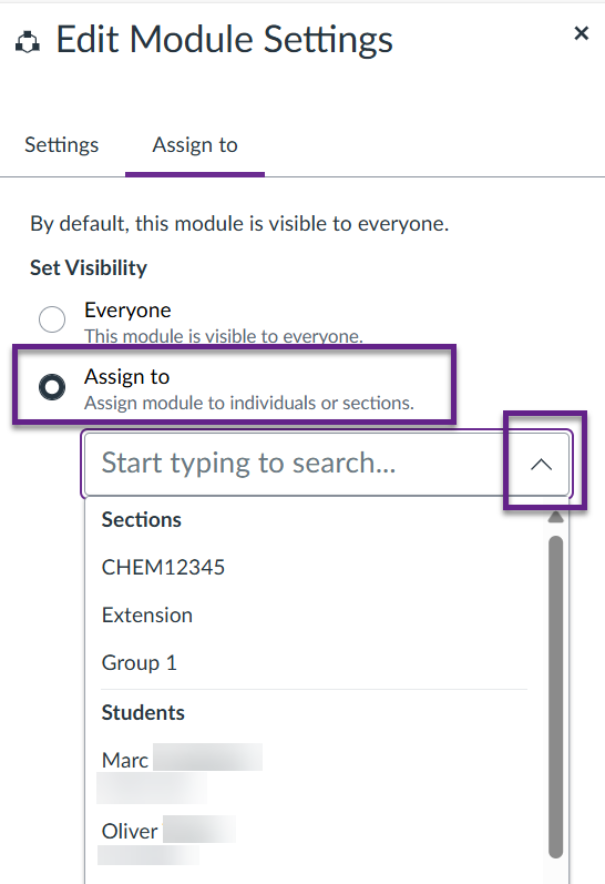‘Edit Module Settings’ menu open with the ‘Assign to’ button selected and search box expanded