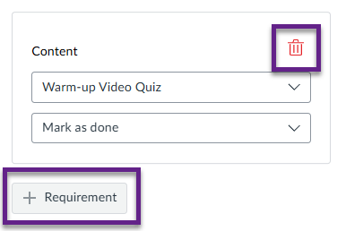 Bin icon and ‘+ Requirement’ button indicated