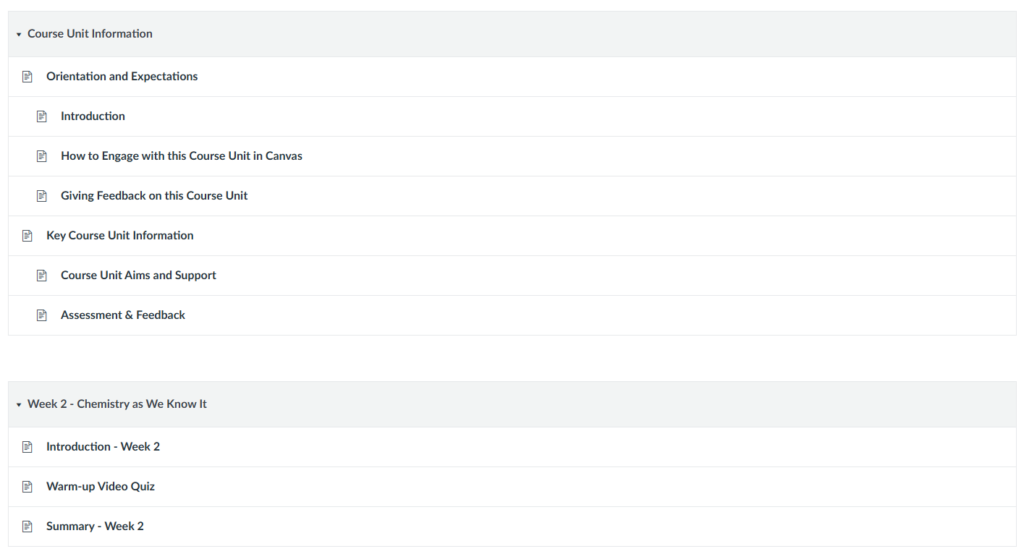 Student view with the ‘Week 2 – Chemistry as We Know It’ Module block visible