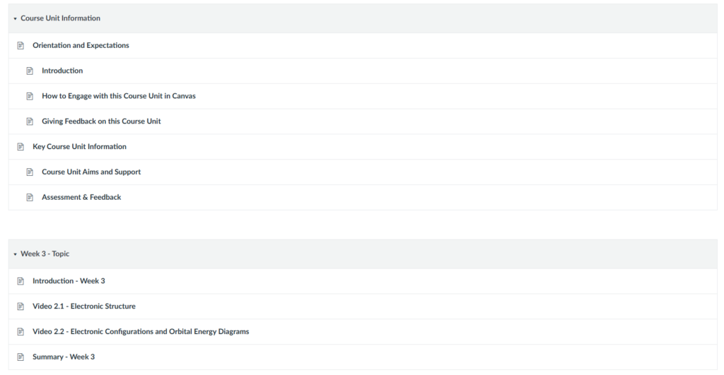 Student view with the ‘Week 2 – Chemistry as We Know It’ Module block not visible