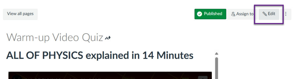 ‘Warm-up Video Quiz’ open with ‘Edit’ button indicated