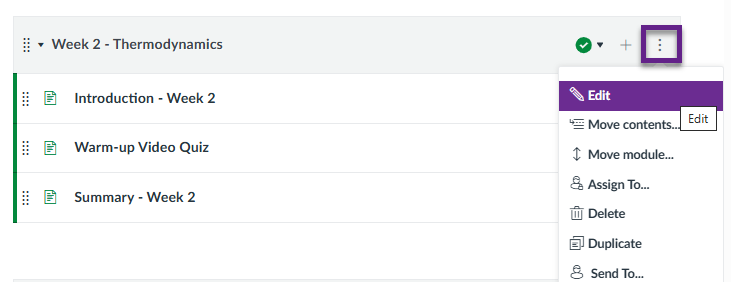 Example Module block with kebab menu selected and ‘Edit’ highlighted.