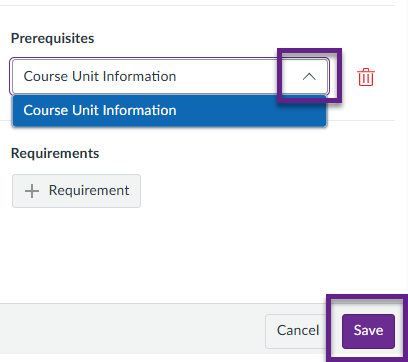 ‘Prerequisites’ drop-down menu open with arrow indicated and ‘Save’ button indicated