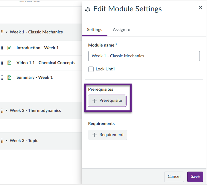 ‘Edit Module Settings’ menu open with ‘+ Prerequisite’ indicated