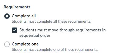 ‘Requirements’ header with ‘Complete all’ and ‘Complete one’ buttons visible underneath