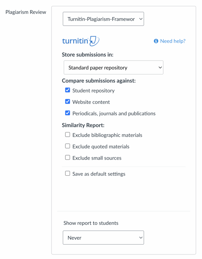 The TurnItIn plagiarism framework settings window as seen in a Canvas assignment